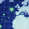 World map with nuclear warning logos throughout